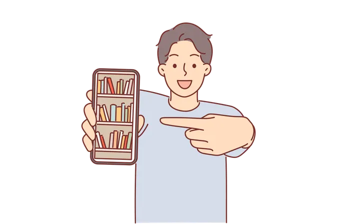 Man Demonstrates Online Library On Phone And Points Finger At Display Recommending Downloading Apps With Books Guy Student Offers To Visit Online Bookstore Or Install Web Library Application Illustration