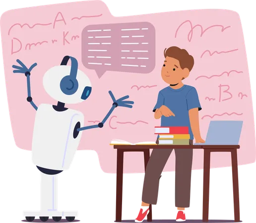 Chatbot Guides Kids Through Interactive Lessons Making Learning Enjoyable With Colorful Visuals And Engaging Activities Simplifying Complex Topics It Fosters Curiosity And Encourages Exploration Illustration