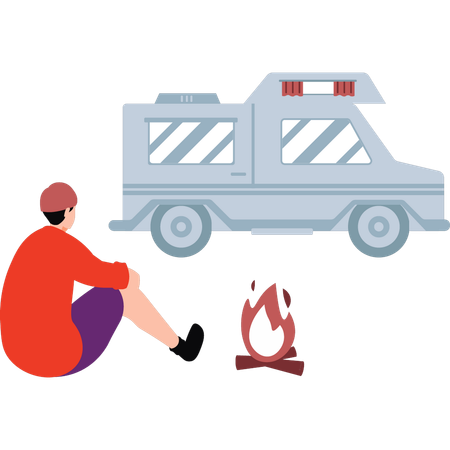 Boy is waiting for vehicle while sitting near bonfire  Illustration