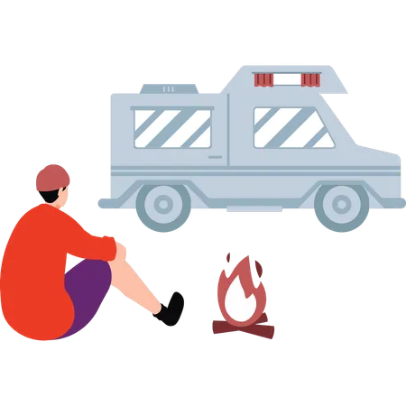 Boy is waiting for vehicle while sitting near bonfire  Illustration