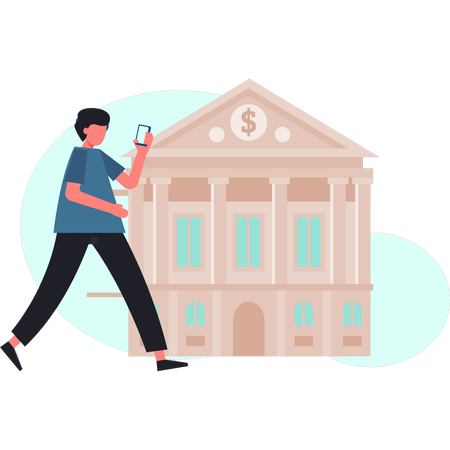 Boy is walking near bank building  Illustration