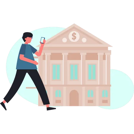 Boy is walking near bank building  Illustration