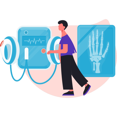 Boy is walking near X ray machine  Illustration