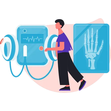 Boy is walking near X ray machine  Illustration