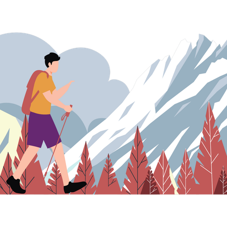 Boy is walking with the help of the hiking stick  Illustration