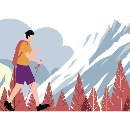 The Boy Is Walking With The Help Of The Hiking Stick Illustration