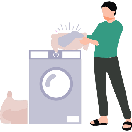 Boy is washing clothes in the washing machine  일러스트레이션