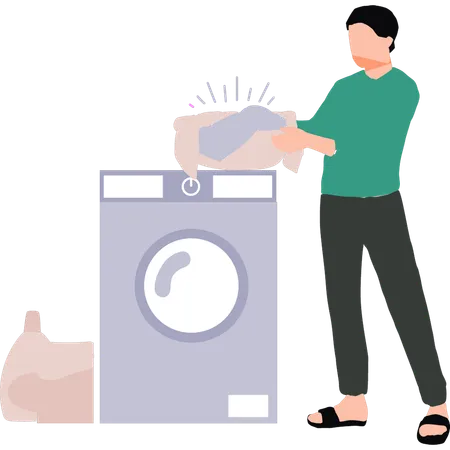 The Boy Is Washing Clothes In The Washing Machine Illustration