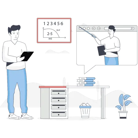 少年は数学の問題の解き方を見ている  イラスト