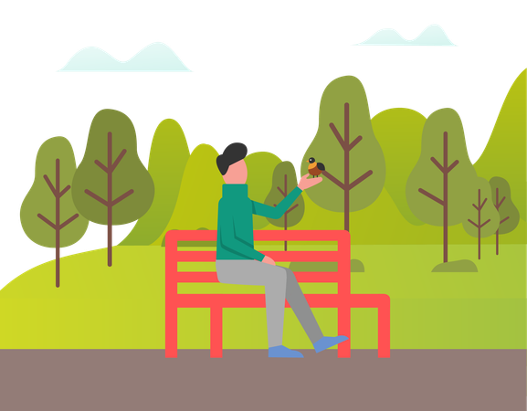 Boy is watching bird in garden  Illustration