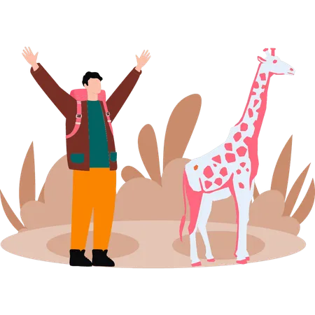 Boy Is Watching Giraffe Illustration