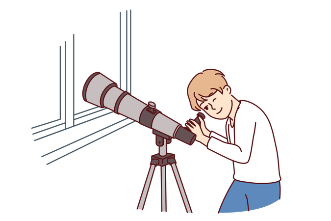 Boy is watching stars through telescope  イラスト