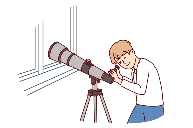 Teenager Boy With Telescope Watches Stars And Is Fond Astrology While Standing In Apartment Near Window Child Uses Telescope Wishing To Visit Space And Become Astronaut From Scientific Expeditions 일러스트레이션