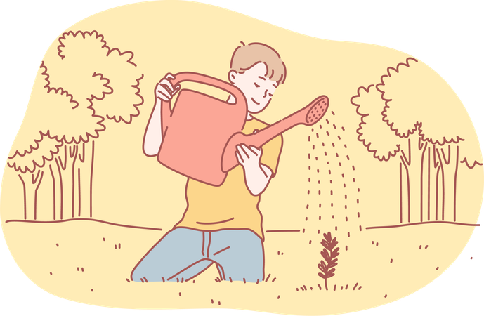 Boy is watering plant  Illustration