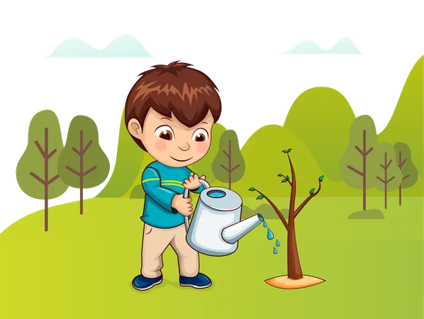 Boy is watering plants in garden  Illustration