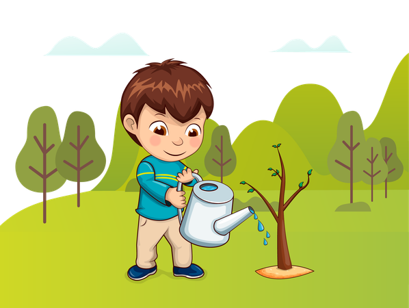 Boy is watering plants in garden  Illustration