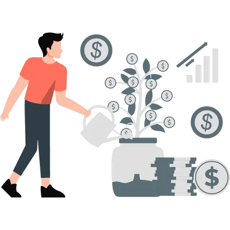 Boy is watering the money plant  Illustration