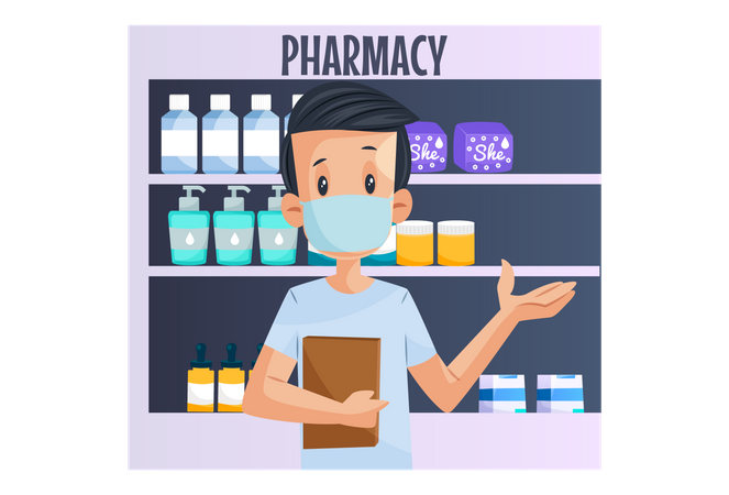 Boy is wearing mask and standing in a pharmacy shop  Illustration
