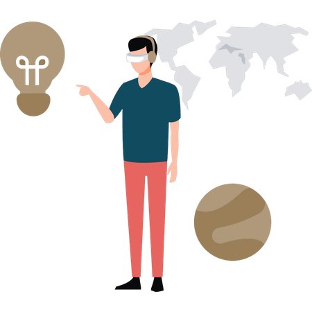 Boy is wearing VR glasses pointing at idea bulb  Illustration
