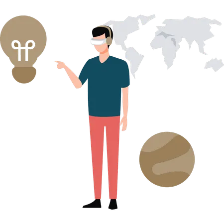 Boy Is Wearing VR Glasses Pointing At Idea Bulb Illustration