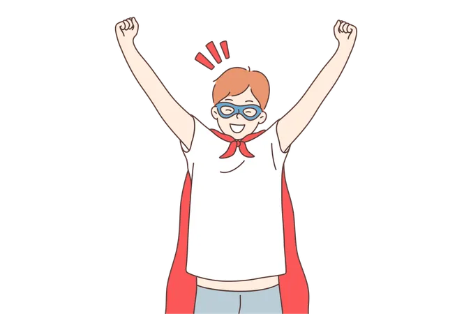 Success Fantasy Dream Fun Victory Goal Achievement Concept Young Happy Miling Cheerful Boy Child Kid In Superhero Suit Raising Hands Above Looking At Camera Inspiration And Victory Illustration Illustration