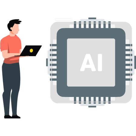 Boy is working about AI chip on laptop  Illustration