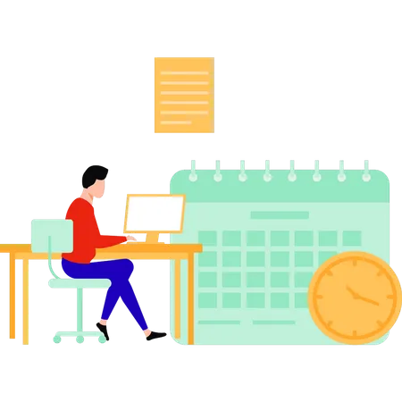 Boy  is working at his desk on a monitor  Illustration