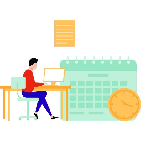 Boy  is working at his desk on a monitor  Illustration