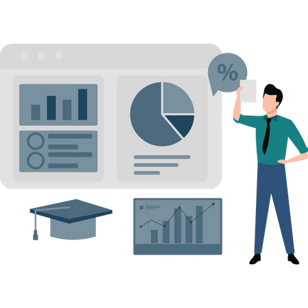 Boy is working on a business graph.  Illustration