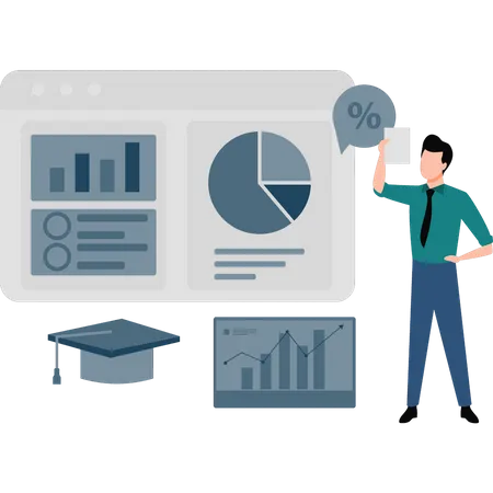 Boy is working on a business graph.  Illustration