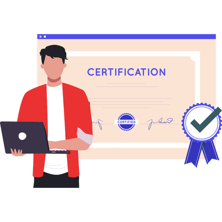 Boy is working on a laptop on an online certificate  イラスト