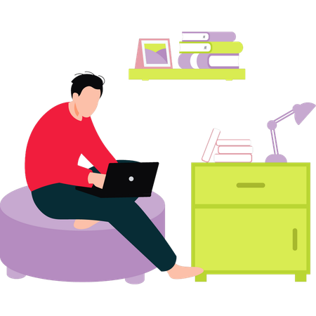 Boy is working online on laptop at home  Illustration