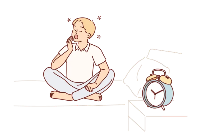 Boy Yawns And Wants To Sleep Sitting On Bed Near Alarm Clock And Feels Morning Sleepiness Due To Early Rise Child Yawns In Need Of Sleep After Hard Day At School Or Long Walk With Friends Illustration