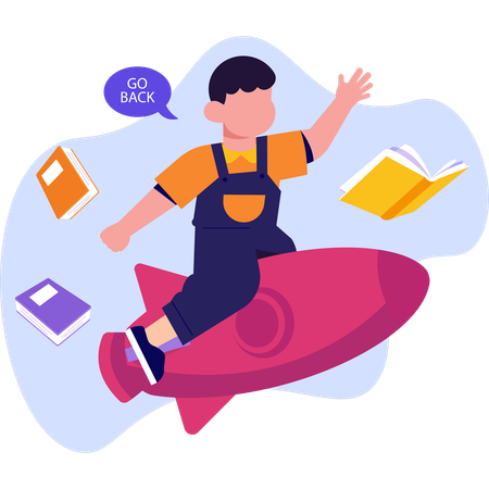 Boy joyfully flies on a colorful rocket surrounded by floating books in a bright blue sky  Illustration