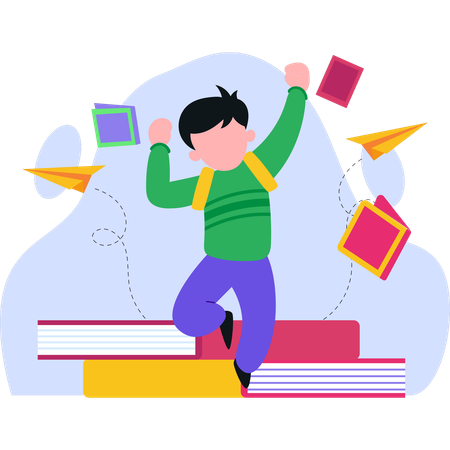 Boy joyfully jumps on books while flying paper planes around him  Illustration