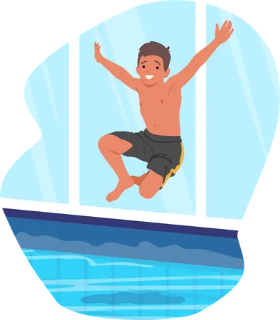 Youngster Character Jump Into Crystal Clear Pool Water Playful Kid Joyfully Playing Child Enjoying A Refreshing Dip In The Pool On A Hot Summer Day Cartoon People Vector Illustration Illustration
