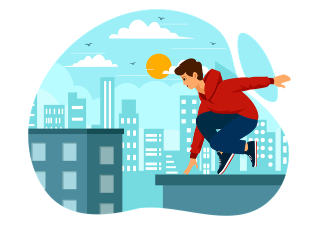 Boy jumping from building's terrace  Illustration