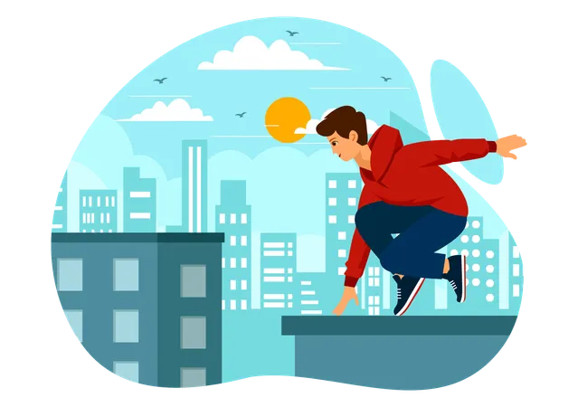 Boy jumping from building's terrace  Illustration