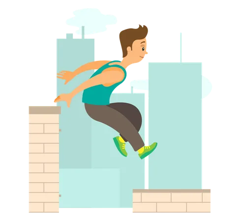 Extreme Sport Parkour Man Running By Roof Buildings And Skyscrapers Person In Sportwear Jumping On Skyscrapers Freerunning Vector Parkourman Hops From Building To Building In Order To Break Illustration