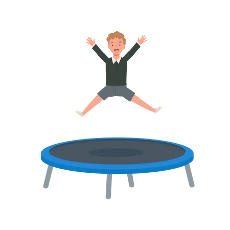 Happy Cute Kid Smile Jump On Trampoline Flat Vector Cartoon Illustration Illustration