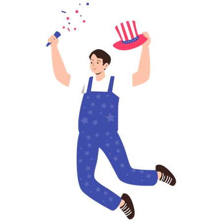 愛国的な帽子をかぶってジャンプする少年  イラスト