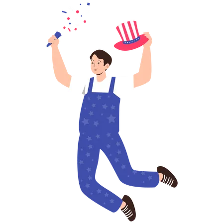愛国的な帽子をかぶってジャンプする少年  イラスト