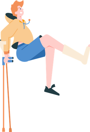 Boy jumps on crutches Illustration