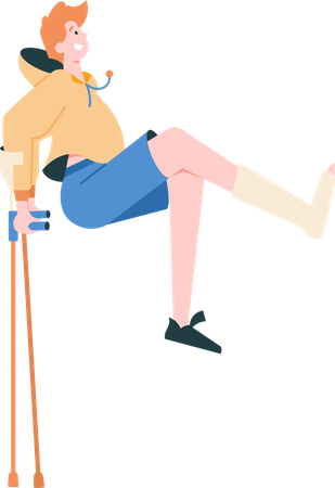 Boy jumps on crutches  Illustration