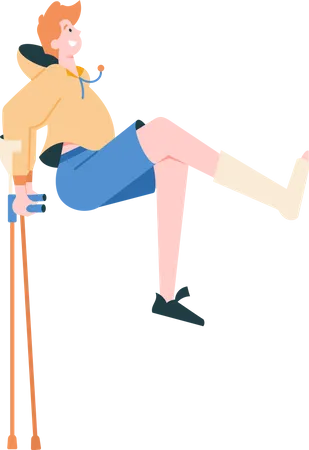 Boy jumps on crutches  Illustration