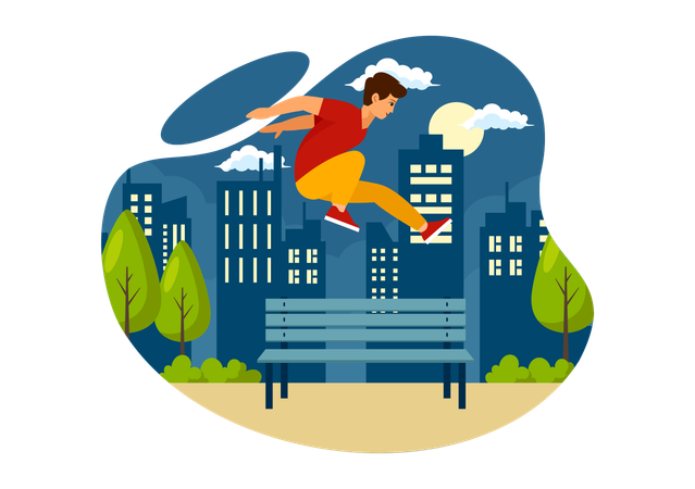 Boy jumps over park bench  Illustration