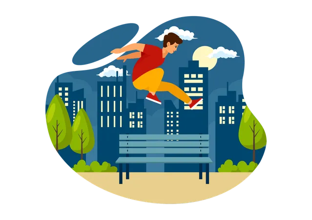 Boy jumps over park bench  Illustration