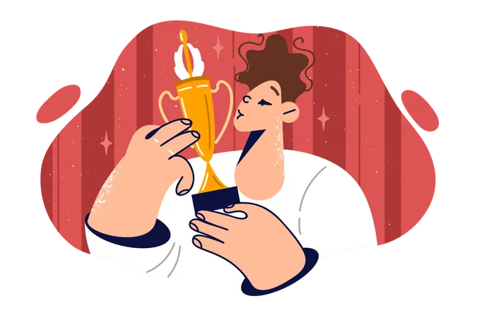 Boy Kisses Golden Cup After Winning Competition Or Sports Tournament Among Elementary School Students Teenager Guy Celebrating Academic Achievements Holding Olympiad Winner Cup In Hands Illustration