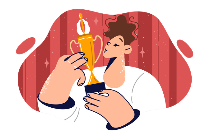 Boy kisses golden cup after winning competition  Illustration