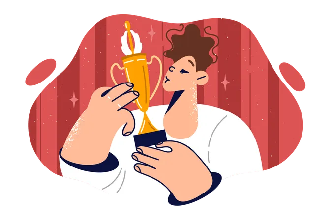 Boy kisses golden cup after winning competition  Illustration